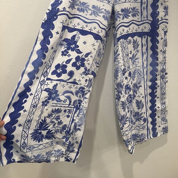 Joie Blue Tropical Print Linen Wide Leg Pants Sz M Resort Wear Beach Vacation - Picture 2 of 10
